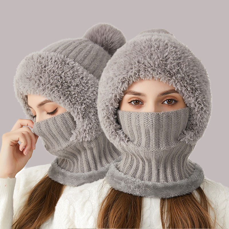 3-in-1 Plüschmütze 🧣 | Warme Wintermütze mit Loop-Schal & Bommel ❄️ | Damen