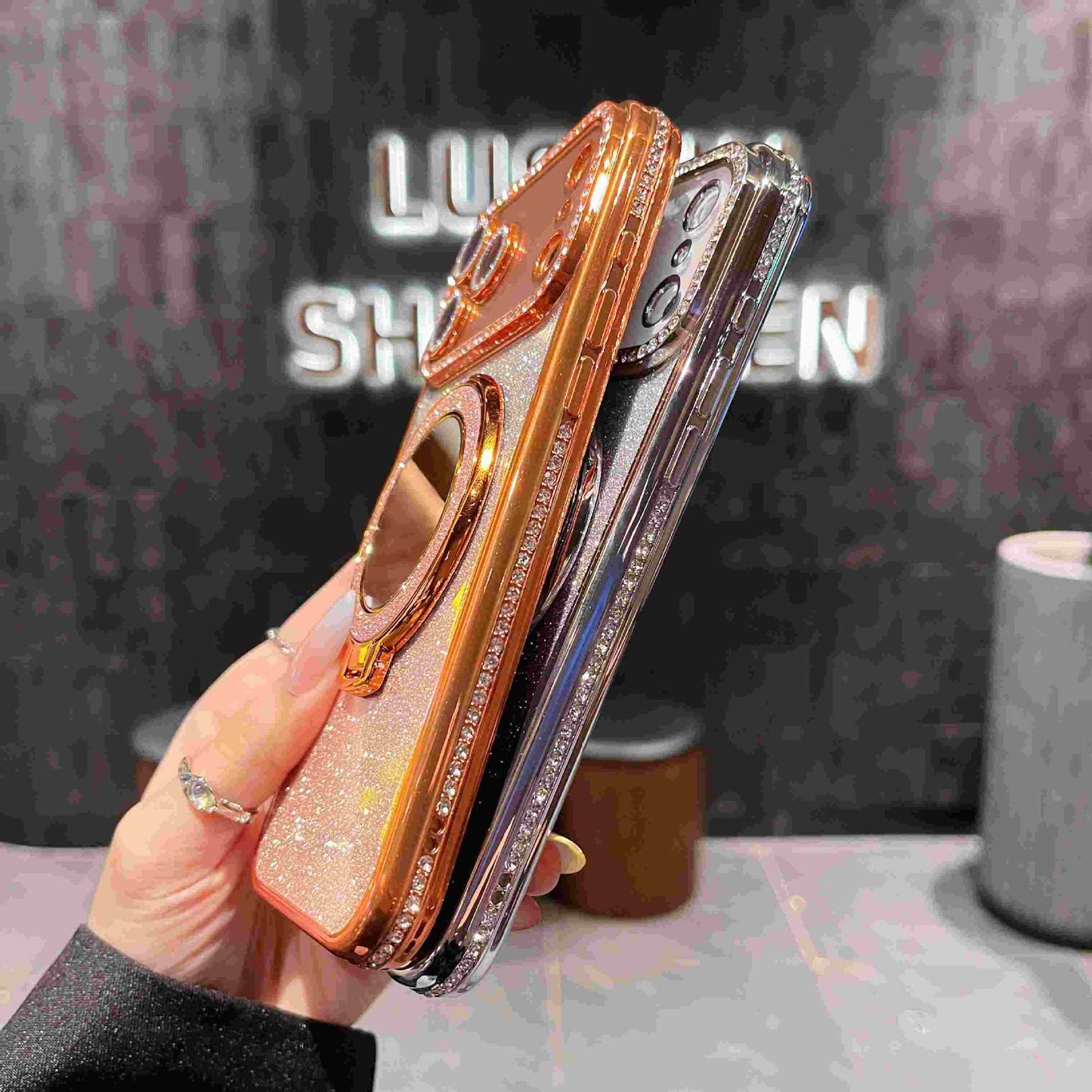 📲✨Gradient Glitter Halter Make-up-Spiegel Schutzhülle