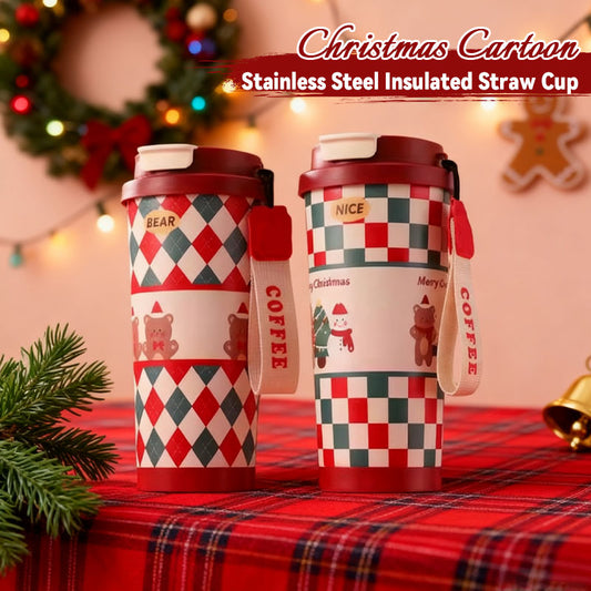 🎄 Weihnachts-Thermobecher aus Edelstahl mit Trinkhalm 🎅