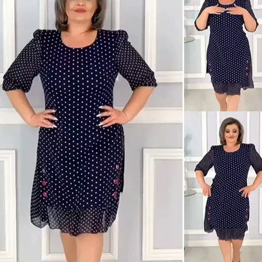 🌸 Mittellanges Kleid mit Rundhalsausschnitt und Perlenpunkten — Leicht und bequem, strahlt Eleganz und Charme aus 🌸