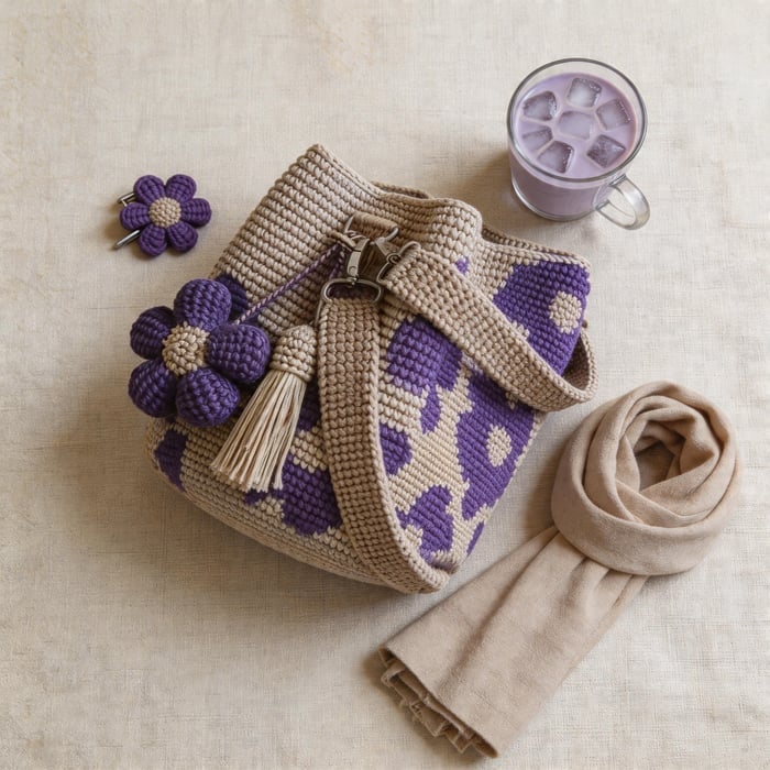 Handgefertigte Häkeltasche aus Baumwolle mit 3D-Blumenmuster – Retro-Stil 🌸