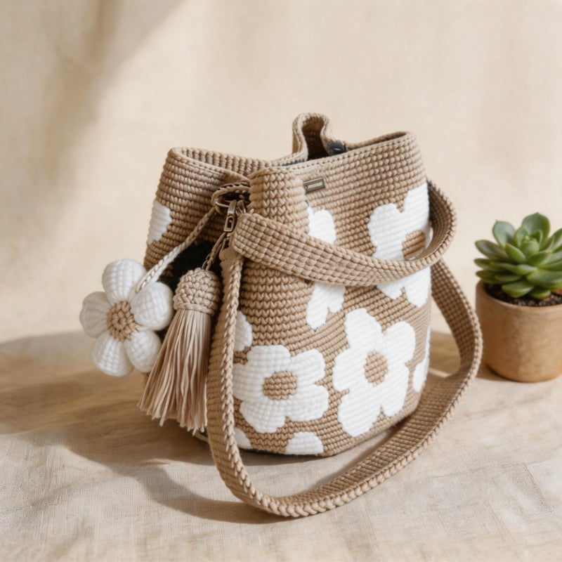 Handgefertigte Häkeltasche aus Baumwolle mit 3D-Blumenmuster – Retro-Stil 🌸