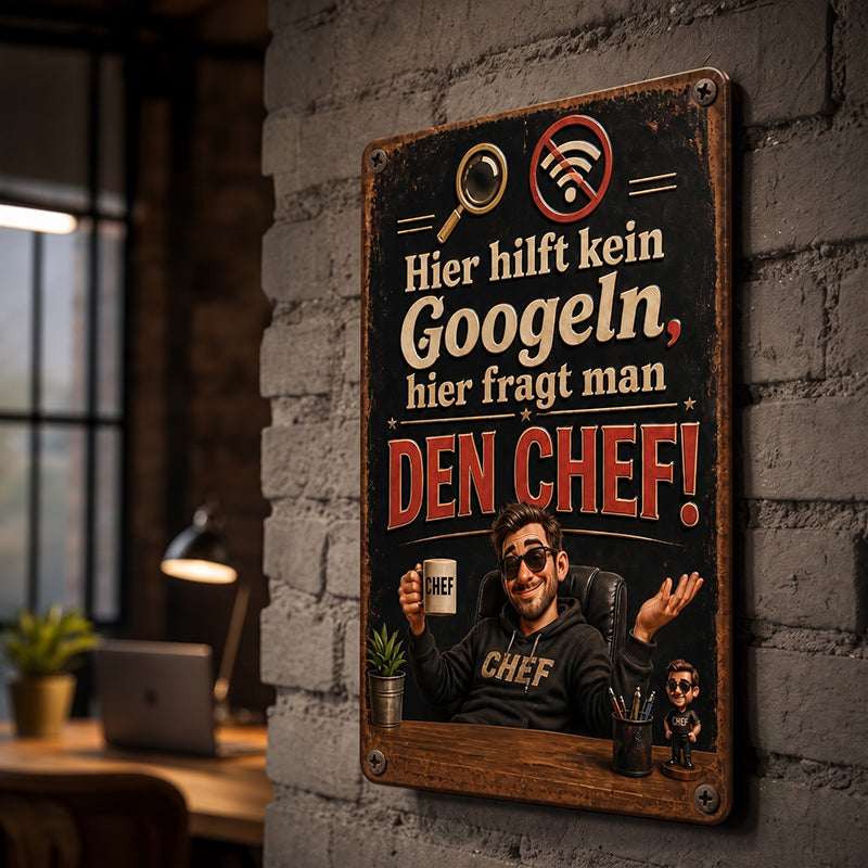 Schluss mit Suchen! 💥 "Hier fragt man den Chef" Blechschild für Büro & Werkstatt