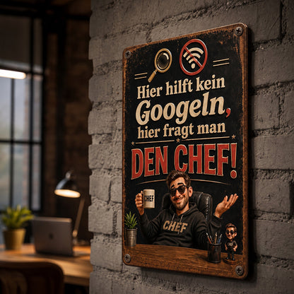 Schluss mit Suchen! 💥 "Hier fragt man den Chef" Blechschild für Büro & Werkstatt