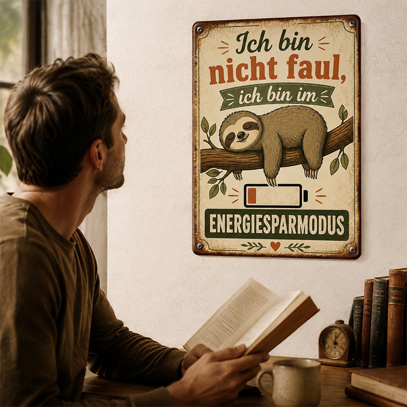 🦥 „Ich bin nicht faul, ich bin im Energiesparmodus“ – Retro Metallschild fürs Homeoffice & Wohnzimmer ☕