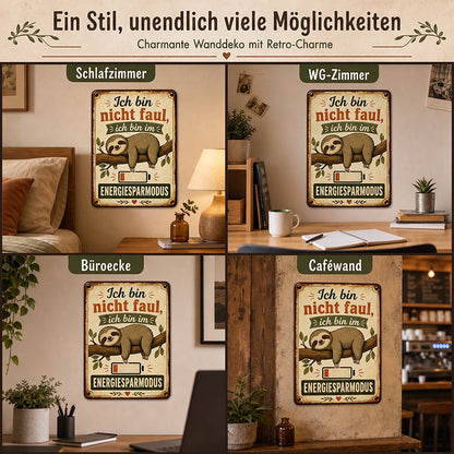 🦥 „Ich bin nicht faul, ich bin im Energiesparmodus“ – Retro Metallschild fürs Homeoffice & Wohnzimmer ☕