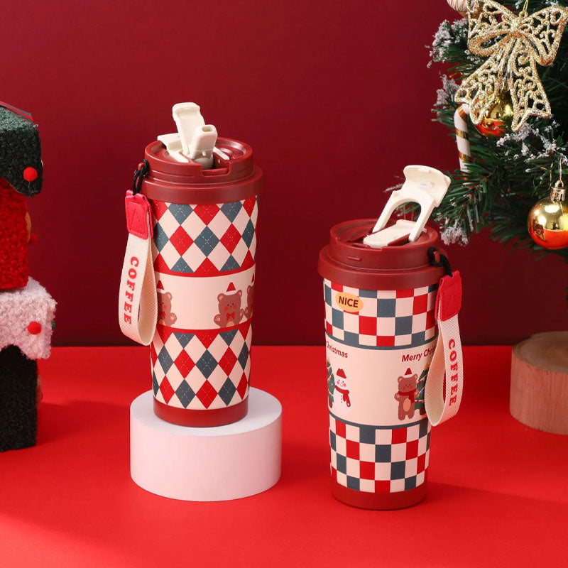 🎄 Weihnachts-Thermobecher aus Edelstahl mit Trinkhalm 🎅
