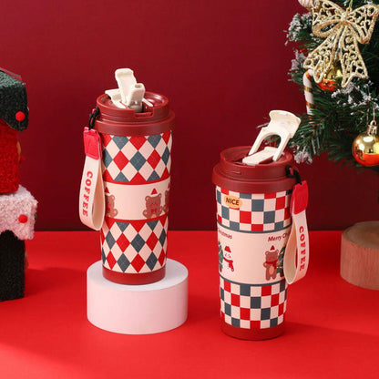 🎄 Weihnachts-Thermobecher aus Edelstahl mit Trinkhalm 🎅