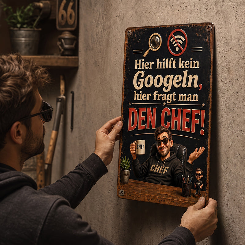 Schluss mit Suchen! 💥 "Hier fragt man den Chef" Blechschild für Büro & Werkstatt