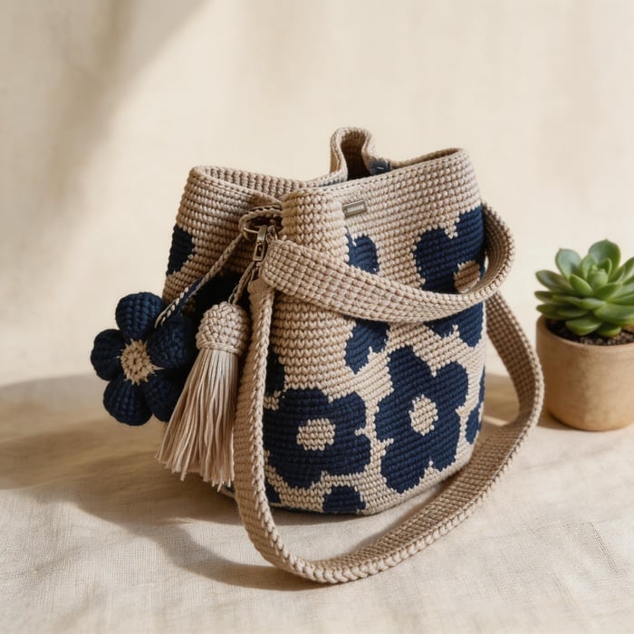 Handgefertigte Häkeltasche aus Baumwolle mit 3D-Blumenmuster – Retro-Stil 🌸