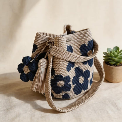 Handgefertigte Häkeltasche aus Baumwolle mit 3D-Blumenmuster – Retro-Stil 🌸