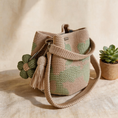Handgefertigte Häkeltasche aus Baumwolle mit 3D-Blumenmuster – Retro-Stil 🌸