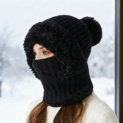 3-in-1 Plüschmütze 🧣 | Warme Wintermütze mit Loop-Schal & Bommel ❄️ | Damen