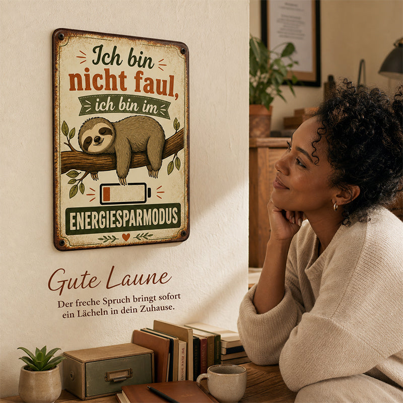 🦥 „Ich bin nicht faul, ich bin im Energiesparmodus“ – Retro Metallschild fürs Homeoffice & Wohnzimmer ☕