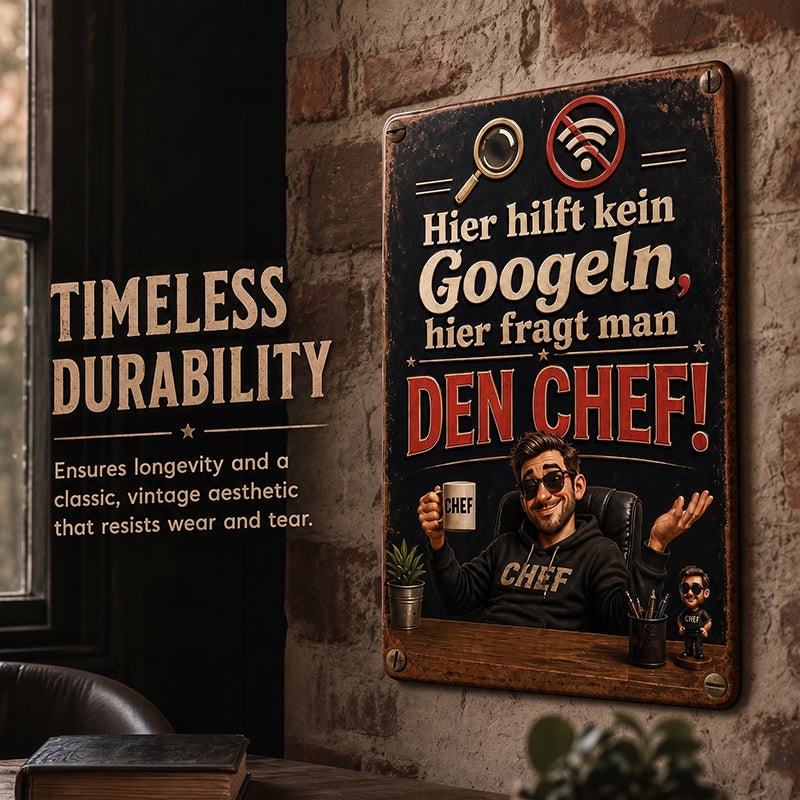Schluss mit Suchen! 💥 "Hier fragt man den Chef" Blechschild für Büro & Werkstatt