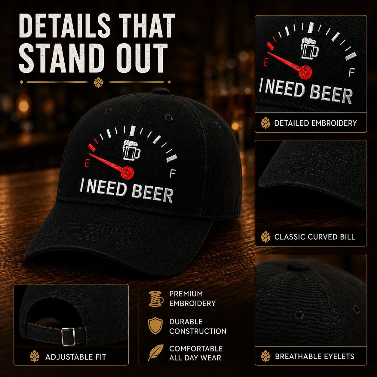 🍺 Bier-Anzeige voll auf "E"? – Stick-Cap "I NEED BEER" | Das ultimative Geschenk für Bierliebhaber