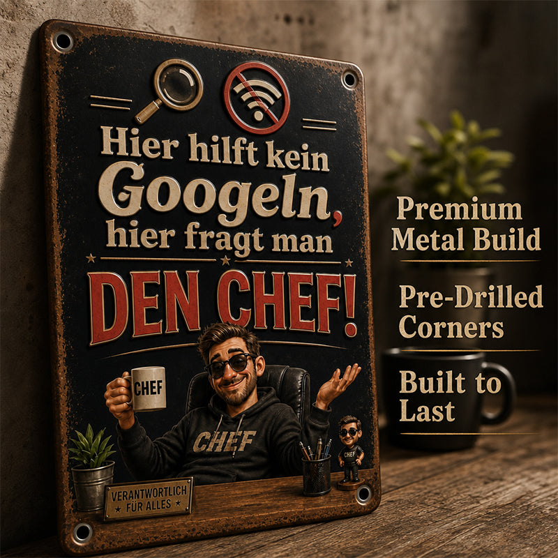 Schluss mit Suchen! 💥 "Hier fragt man den Chef" Blechschild für Büro & Werkstatt