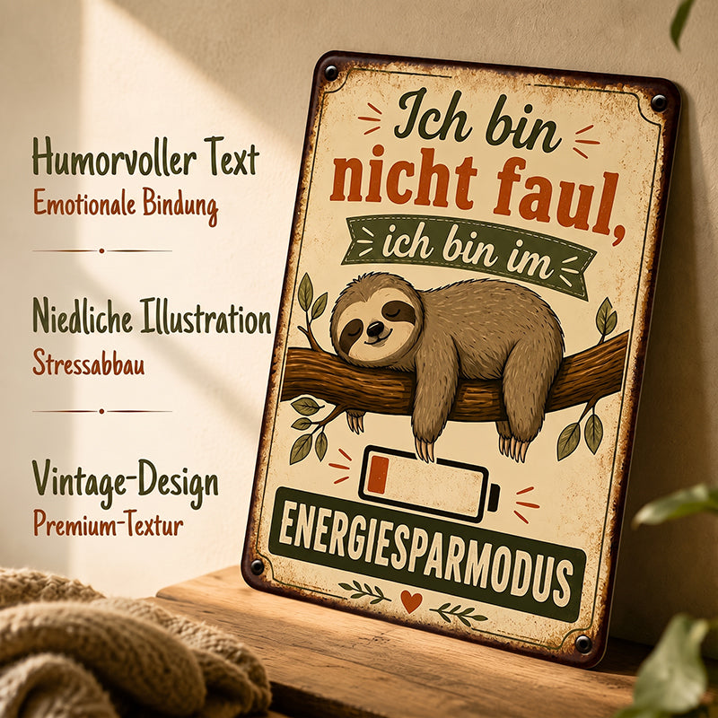 🦥 „Ich bin nicht faul, ich bin im Energiesparmodus“ – Retro Metallschild fürs Homeoffice & Wohnzimmer ☕