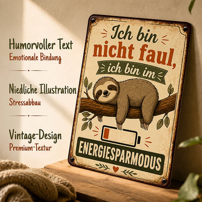 🦥 „Ich bin nicht faul, ich bin im Energiesparmodus“ – Retro Metallschild fürs Homeoffice & Wohnzimmer ☕