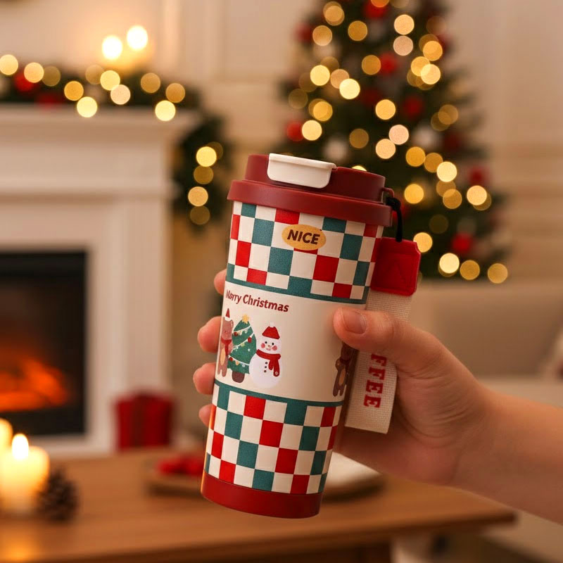 🎄 Weihnachts-Thermobecher aus Edelstahl mit Trinkhalm 🎅