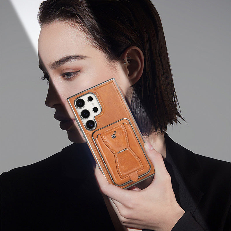 Vollflächige Anti-Fall-Handyhülle aus echtem Leder (Samsung Galaxy S23 S24 Plus Ultra) mit magnetischem Kartenhalter
