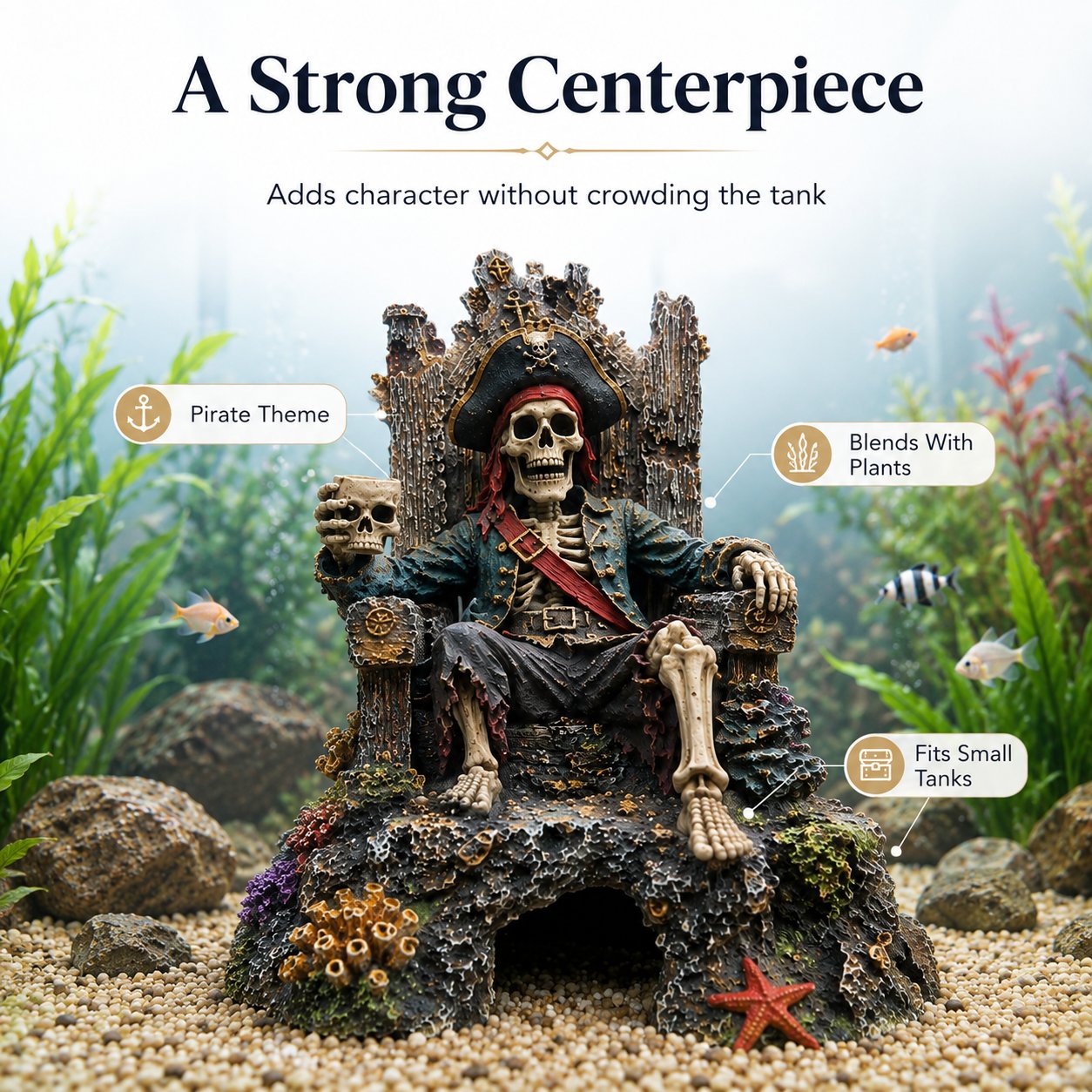 🌊☠️Underwater Pirate Skeleton Throne Aquarium Hideout Cave Decor