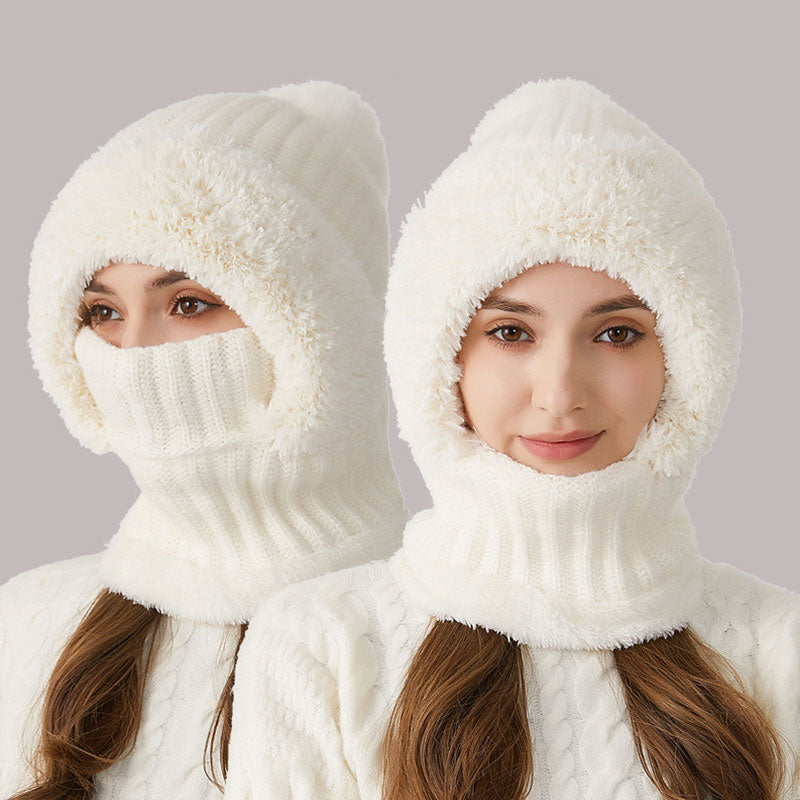 3-in-1 Plüschmütze 🧣 | Warme Wintermütze mit Loop-Schal & Bommel ❄️ | Damen