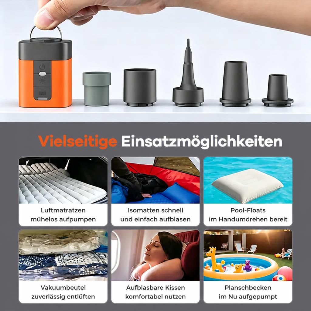 3-in-1 Mini Luftpumpe: Akku-Pumpe, Vakuumpumpe & Campinglaterne – Tragbar & SOS