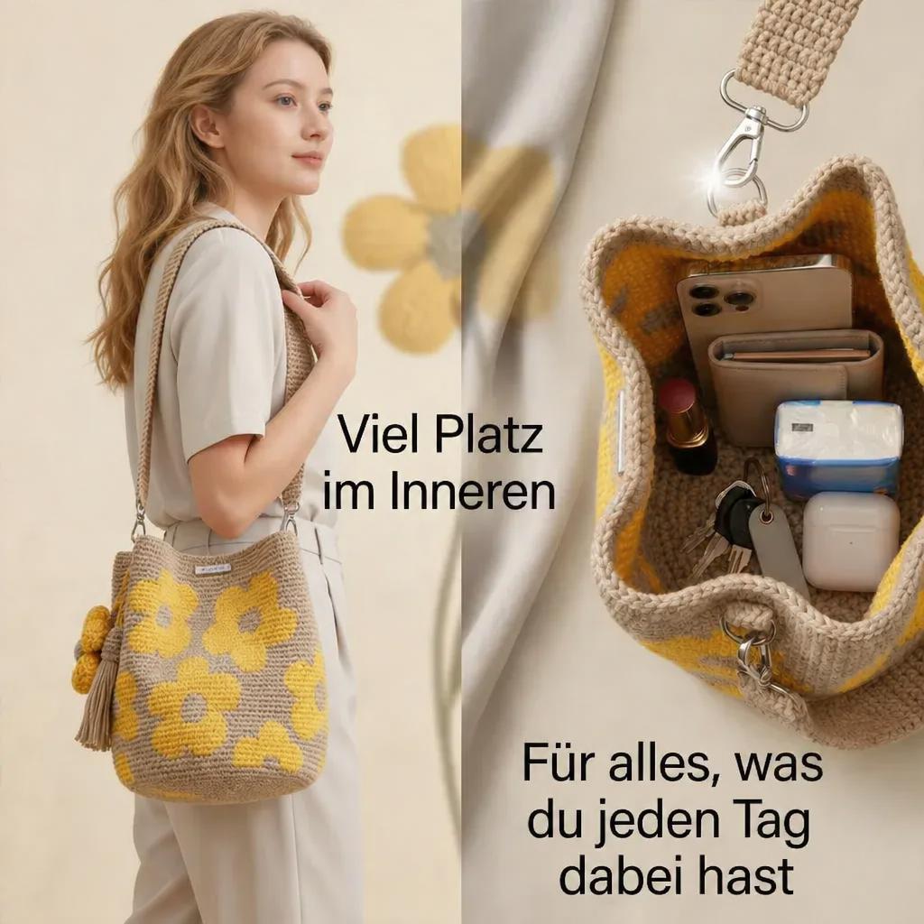 Handgefertigte Häkeltasche aus Baumwolle mit 3D-Blumenmuster – Retro-Stil 🌸