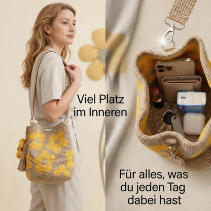 Handgefertigte Häkeltasche aus Baumwolle mit 3D-Blumenmuster – Retro-Stil 🌸