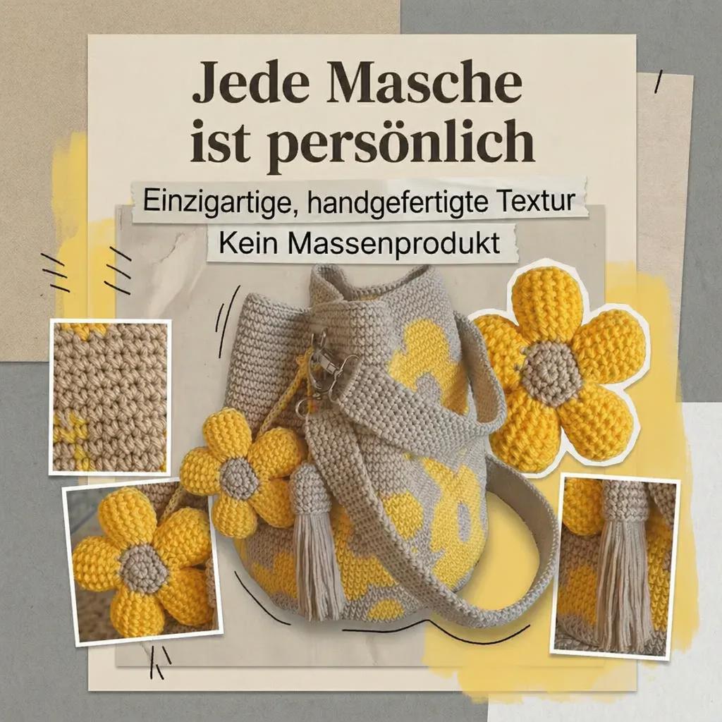 Handgefertigte Häkeltasche aus Baumwolle mit 3D-Blumenmuster – Retro-Stil 🌸