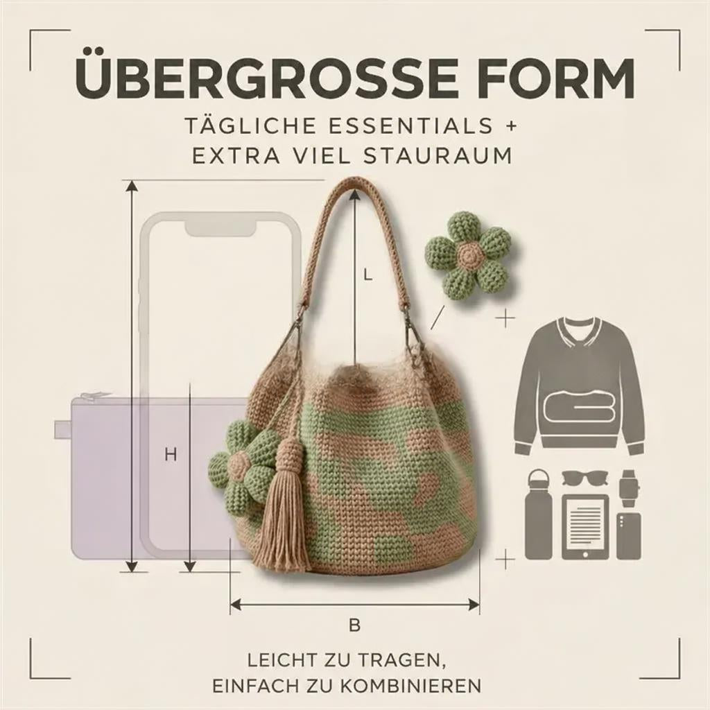 Handgefertigte Häkeltasche aus Baumwolle mit 3D-Blumenmuster – Retro-Stil 🌸