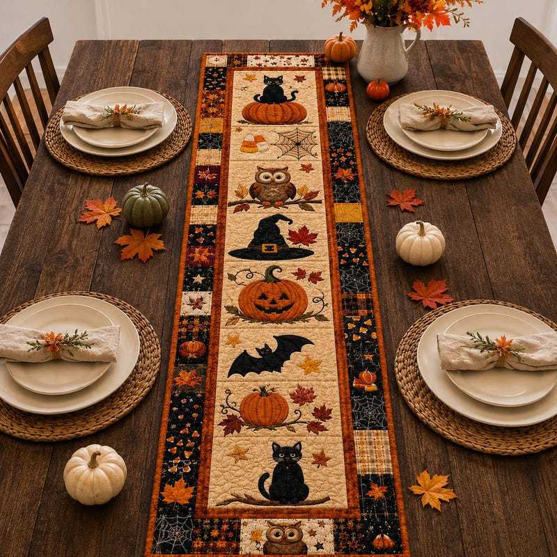 Herbst-Zauber für Ihren Tisch: Gesteppter Tischläufer mit Kürbis-Motiv 🍂