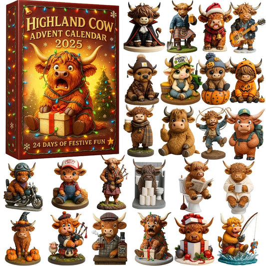 🐮 Highland Cow Adventskalender 2025 🎄✨ – 24er Set: Handgefertigte 3D-Figuren