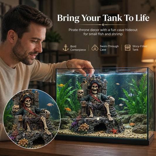 🌊☠️Underwater Pirate Skeleton Throne Aquarium Hideout Cave Decor