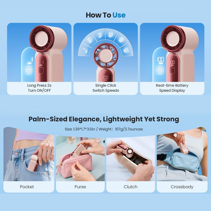 💨 Mini-Handventilator mit LED-Display | 6 Stufen, 10,7 Std. Frische | Federleicht & überall einsatzbereit