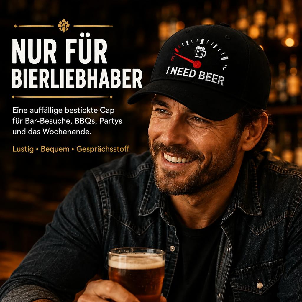 🍺 Bier-Anzeige voll auf "E"? – Stick-Cap "I NEED BEER" | Das ultimative Geschenk für Bierliebhaber